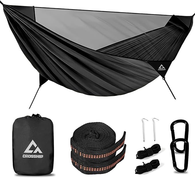 Camping Hammock with Mosquito Net – Portable Parachute Nylon Hammock Tent with Tree Straps, Camp Rope & Stake - for Hiking, Backpacking, Travel, Backyard, Beach – Holds Up to 500lbs (Black)
