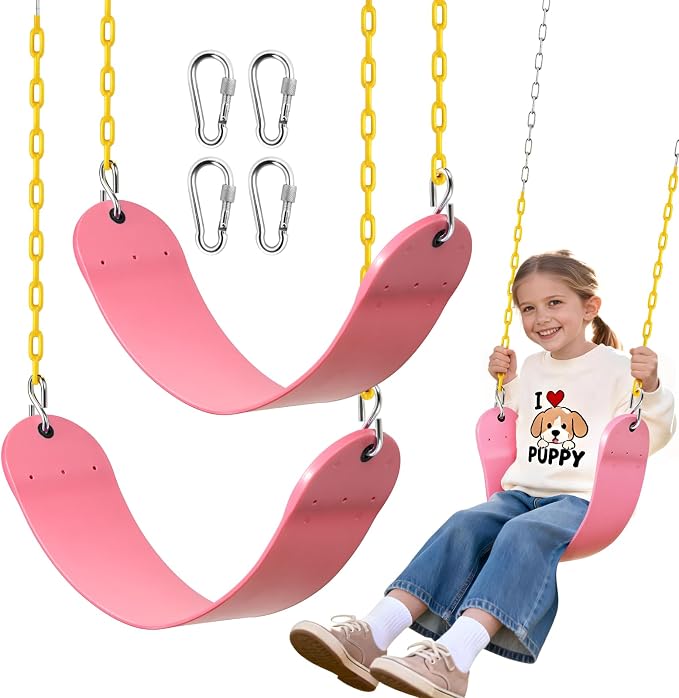 SEKKVY 2 Pack Swing Seats with 66" Heavy Duty Chains, Swing Set Accessories Replacement with Snap Hooks, Toddler Swings Supports 250 lbs for Outdoor Backyard Playground, Indoor Swing for Kids, Pink