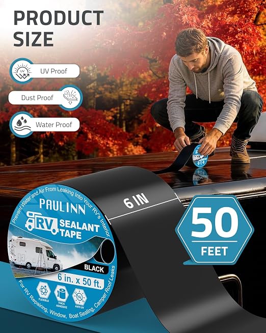 PAULINN Butyl Sealant Waterproof Tape, 6 Inch X 50 Foot Camper Roofing Tape Black, UV & Weatherproof Roof Seal Tape for RV Camper Trailer Boat Window Sealing Leak Repair