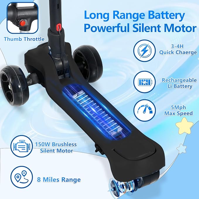 Electric Scooter for Kids Ages 3-12, Full Body Lights Up, Wide Deck, 3 Adjustable Heights, 5MPH Safe Speed, 90min Riding, Foldable 3 Wheel Electric Scooter for Kids Boys Girls Toddler