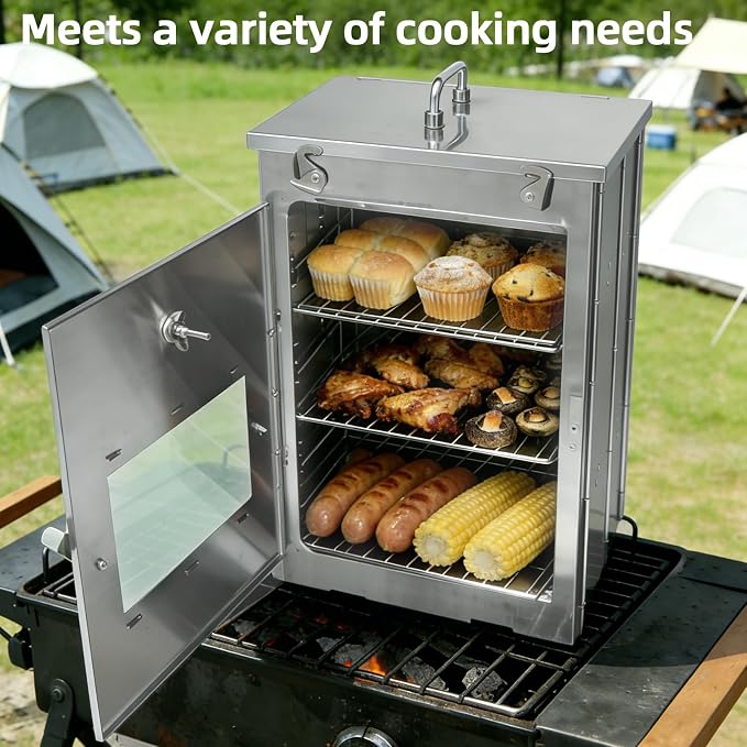 16-Inch H Folding Camping Oven - 3-Tier Grates, Portable Stainless Steel Grill for Baking Bread, Muffins & BBQ, Compatible with Wood-Burning & Propane Stoves