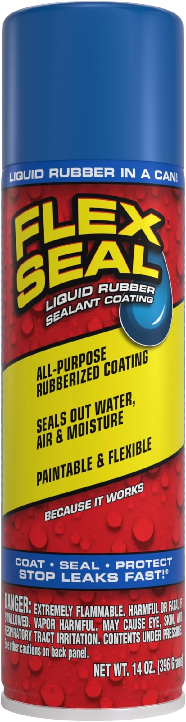 Flex Seal, 14 oz, Blue, Stop Leaks Instantly, Waterproof Rubber Spray On Sealant Coating, Perfect for Gutters, Wood, RV, Campers, Roof Repair, Skylights, Windows, and More