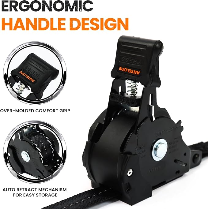 Retractable Ratchet Straps (2PK) - 1 in x 12 ft Automaitc Ratchet Tie Down Straps with Soft Loops, 1500lb Break Strength Self Retracting Strap for Motorcycle, Truck, Cargo, Trailer, ATVs, UTVs -Black