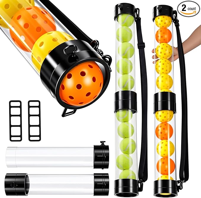 Soulchen 2 Pack Ball Retriever Upper Compatible with Pickleball Tennis Pickup Tube Holds 11/16 Balls with Shoulder Strap Easy Pickup Portable Ball Holder Storage Compatible with Pickleball