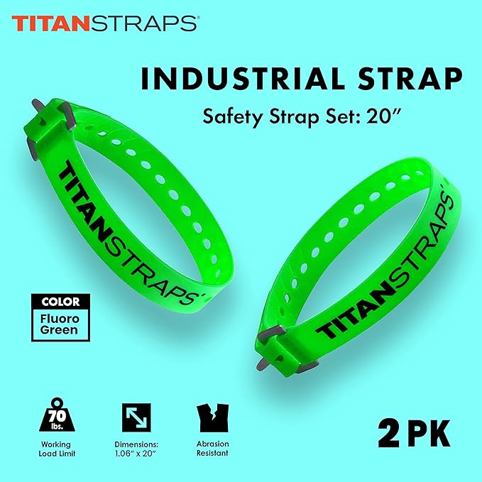 Titan Industrial Straps – Strong & Simple Tie-Downs for Construction (Welders, DIY Home) & 1st Responders – 3 Year Warranty, Batch Tested – 70 lb. Working Load, 20" Length, Lime Green, 2-Pack