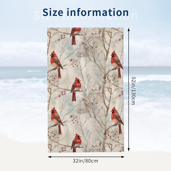 Cute Bird Beach Towel,32x52in,Quick-Dry Sand-Free Bath Towels,Microfiber Lightweight for Travel Pool Yoga Beach Outdoor Activities Decor Accessories Gifts (Retro Red Cardinal)