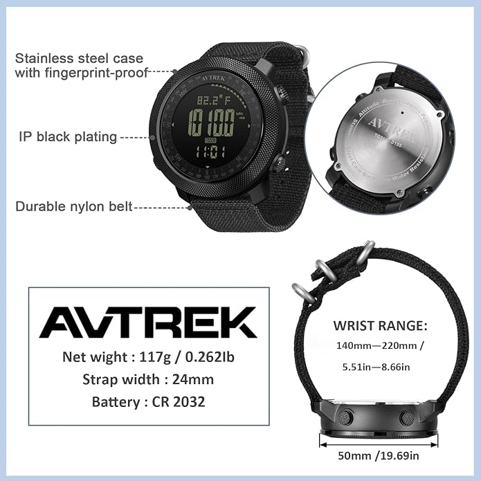 AVTREK Mens Outdoor Sport Tactical Survival Watches Hiking Digital Wrist Watch Waterproof Swimming Military Army Altimeter Barometer Compass Watches