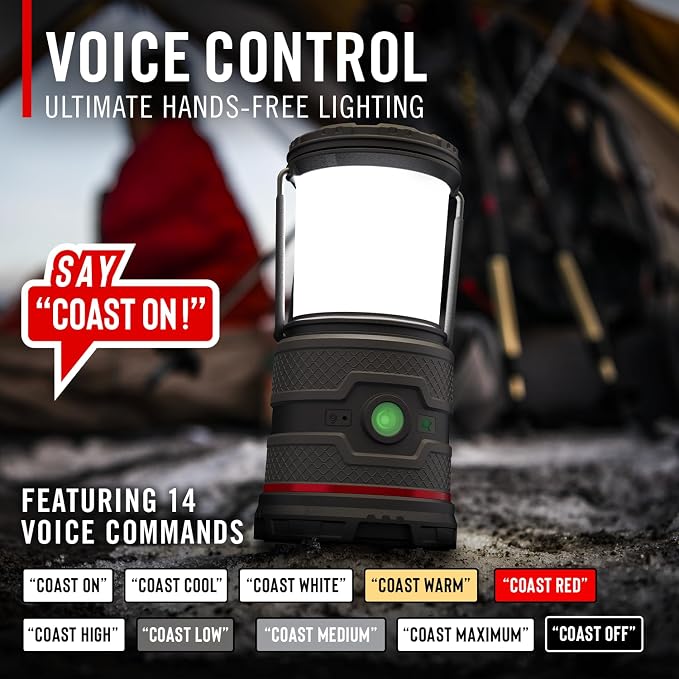 COAST EAL35R 1000 Lumen Voice-Controlled LED Emergency & Camping Area Lantern with Warm, Cool White, Day, Red & Red Flashing Mode, Power Bank Functionality - Desert