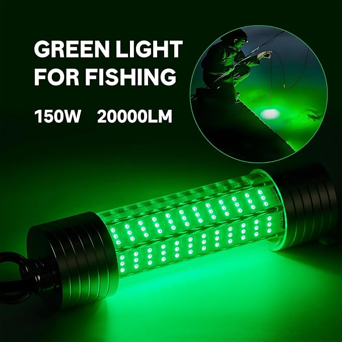 150W 20000LM Green Underwater Fishing Light,Submersible LED Light with Tow Rope for Dock Boat Shore Night Fishing,Fresh & Salt Water Fish Attractor Light 33ft Cable