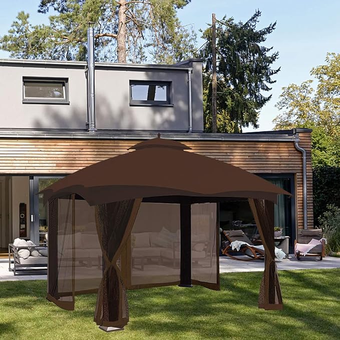 CoastShade 8x8 FT Gazebo Mosquito Net Replacement with 42 O Hooks and 42 J Hooks - Fits 8'x8' Outdoor Canopy Screens,Brown