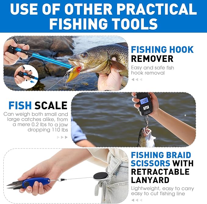 RoundFunny 10 Pcs Fishing Tool Kit, Fishing Pliers with Lanyard and Protective Sheaths, Landing Net, Fillet Knife, Fish Scale, Gripper, Hook Remover, Braid Scissors, Gloves for Men Dad Gift