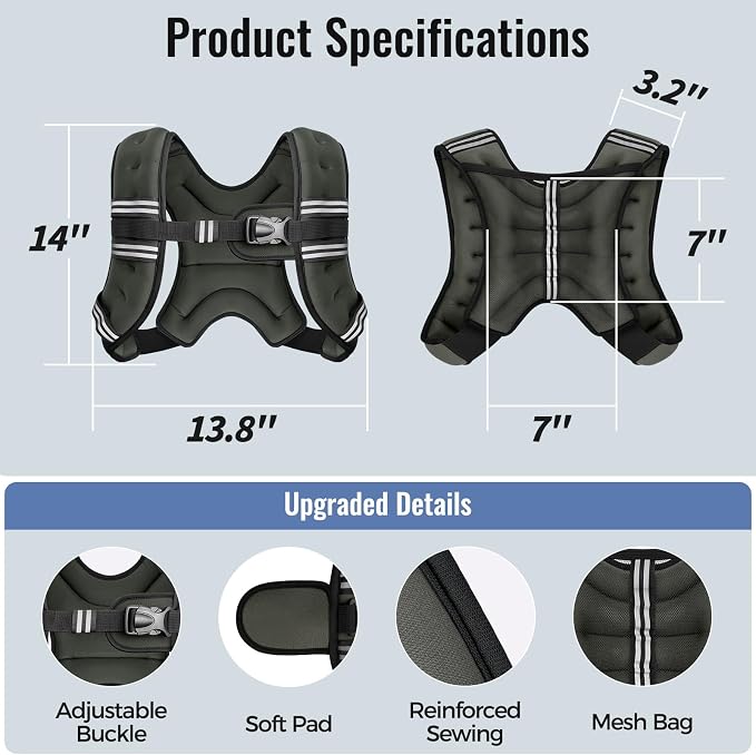 Zeerun Weighted Vest, 6lb/8lb/10lb/12lb/15lb/18lb/20lb/24lb/30lb for Men Women, Reflective Stripe Adjustable Buckle, Comfortable Durable Rucking Vest for Walking Running Strength Training