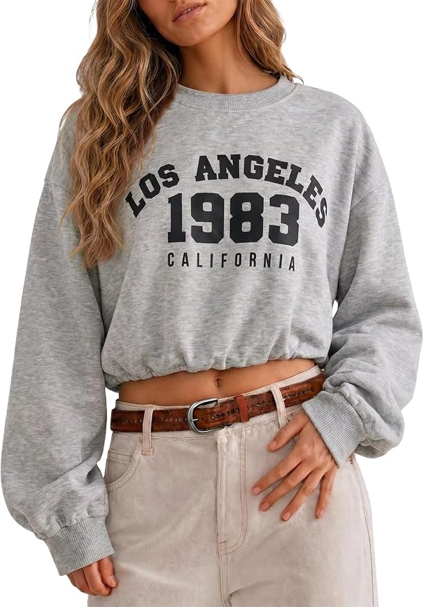 Flowyair Womens Crewneck Sweatshirt Los Angeles Elastic Waist Crop Tops | Long Sleeve, Loose Fit, Fall Spring, Pullover Tops, Round Neck, Elasticated Hem