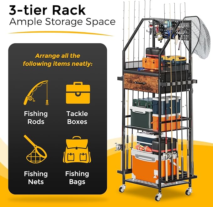 Fishing Rod Holder Organizer with Fabric Drawer & Pegboard, Space-Saving Garage Storage for 12 Rods, Reels, Tackle Boxes, Portable Fishing Gear Cart for Easy Access & Mobility