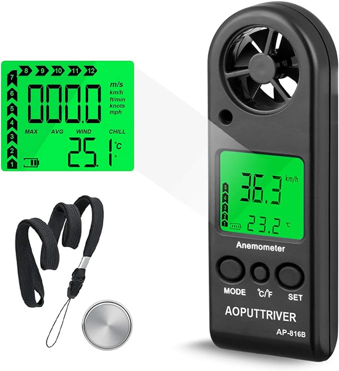 Anemometer Handheld Wind Speed Meter for Measuring Wind Speed Temperature and Max/Average/Current, High Precision Anemometer Measuring for Windsurfing Sailing Fishing Outdoor Activities