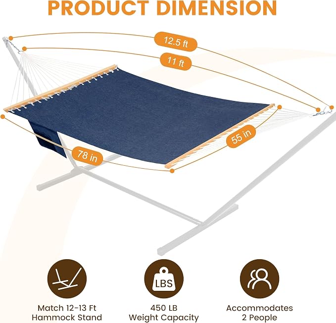 Lazy Daze Hammocks 11 FT Double Outside Hammock Quick Dry Olefin Fabric Hammock with Spreader Bar & Side Pocket for Outdoor Poolside Backyard 450 lbs Capacity, Heather Navy