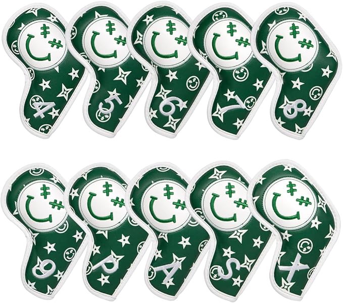 Barudan Golf Iron Head Covers, Golf Iron Covers Set 10pcs #4-9 Aw, PW, SW, Xw, Fits All Brands, Green, Emoji Pattern, Hook & Loop Closure, Faux Leather Material, Golf Gifts for Men/Women Golfers