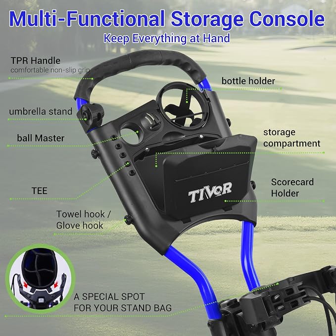 Tivor Lightweight Golf Push cart 4 Wheel Foldable Golf Trolley for Adults and Junior with Ergonomic Adjustable Handle, Scorecard Holder, Umbrella Mount, Foot Brake, All-Terrain Wheels