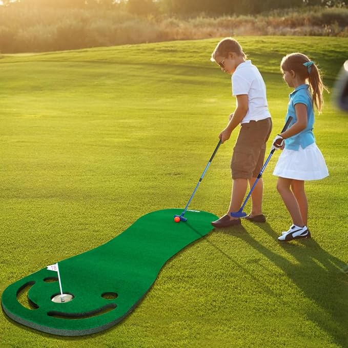KOFULL Putting Green Mats Set - Indoor/Outdoor Golf Putting Practice or Golf Game with 78" x 24" Putting Mat, Adjustable Putter, 3 Balls, Training Aid Cup & Flags