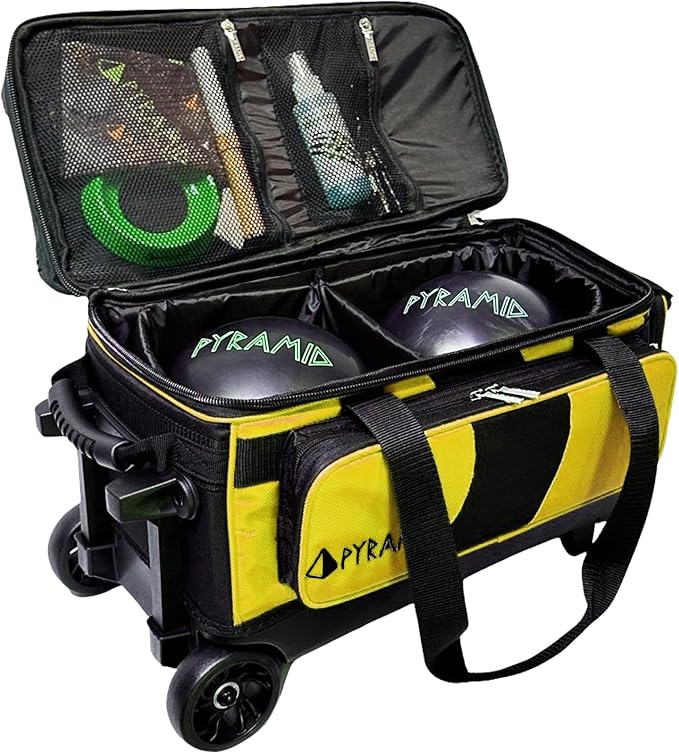 Pyramid Deluxe Double Roller 2 Ball Bowling Bag with Large Separate Shoe Compartment (Up To 2 Pairs Of Shoes) and Accessory Pockets, Sturdy Square Handle - Extends to 40" - Pro Options Available