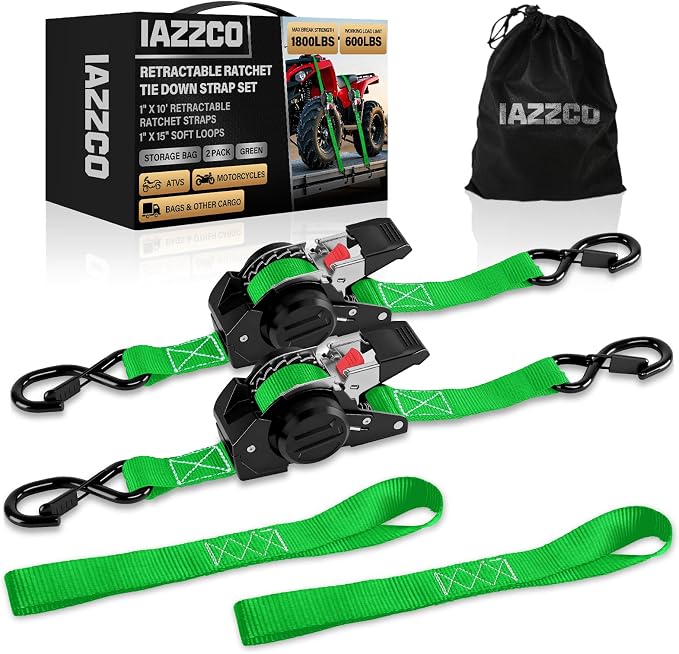 10FT Retractable Ratchet Straps(2-Pack) - 1 Inch (1800 LB Break Strength) Heavy Duty Self Retracting Ratchet Straps with Soft Loops & Storage Bag for Household, Motorcycle, Truck, ATV(Green)