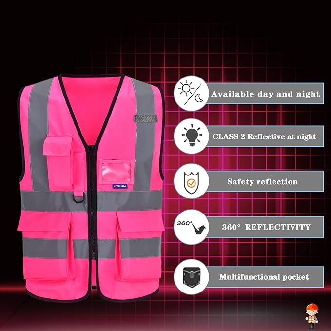 A-SAFETY Pink High Visibility Vest,Reflective Safety Vest Workwear 7 Pockets Hi Vis Durable Vest with Reflective Tapes 4 Lower Pockets,Small