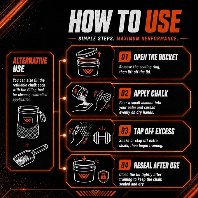 Gym Chalk Bucket | 1.5 lb Loose Chalk Powder for Weightlifting, Gymnastics & Powerlifting | Refillable Chalk Sock + Filling Tool Included