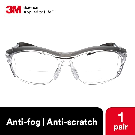 3M Safety Glasses with Readers, Nuvo Protective Eyewear, +2.5, ANSI Z87, Gray Frame, Clear Lens, Soft Nose Bridge, Side Shields