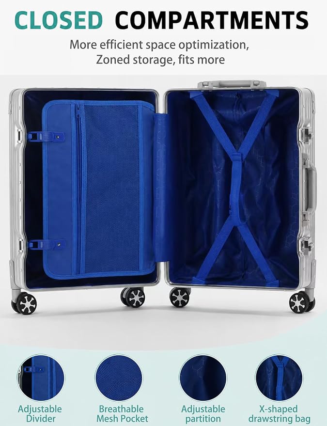 20 Inch Carry On Suitcase with TSA Lock, Zipperless Aluminum Frame Luggage, Lightweight Hardshell Rolling Suitcase with Wheels for Business Travel, Silver