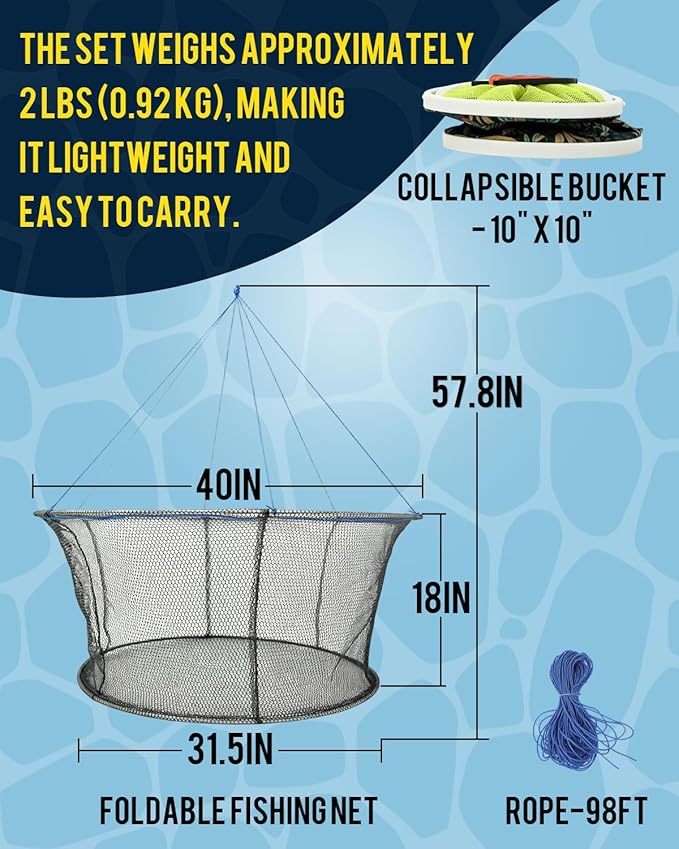 2Pack Drop Net for Pier Fishing Set, Foldable Fishing Net 31.5"×40" Hoop, Foldable Crab & Fishing Net Trap, Crab Nets for Crabbing Trap, Pier & Dock Drop Net for Crawfish, Shrimp, and Minnows