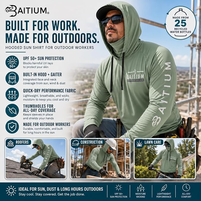 Fishing Shirts for Men,UPF50 Hooded Long Sleeve with Gaiter, Sun Protection Dry Fit Apparel, Face Mask, Fishing Clothes