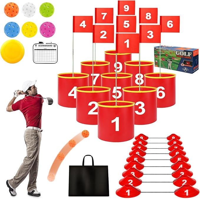 FINCOME Golf Yard Bucket Games 9 Holes Golf Practice Game with Flag, Golf Chipping Game for Kids and Adults Outdoor Indoor Portable Backyard Golf Game for Park, Beach, Backyard, Lawn