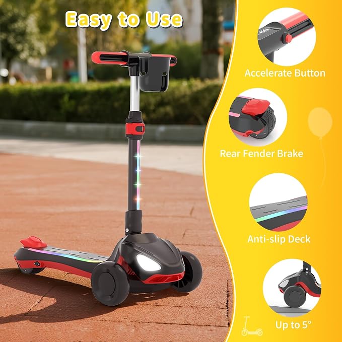 SIMATE Electric Scooter for Kids Ages 3+, 3 Wheel Balance Scooter, 3 Adjustable Heights, Foldable & LED Display & Thumb Throttle, Long Battery Life, Full Body Lights Up, Gift for Kids Boys Girls