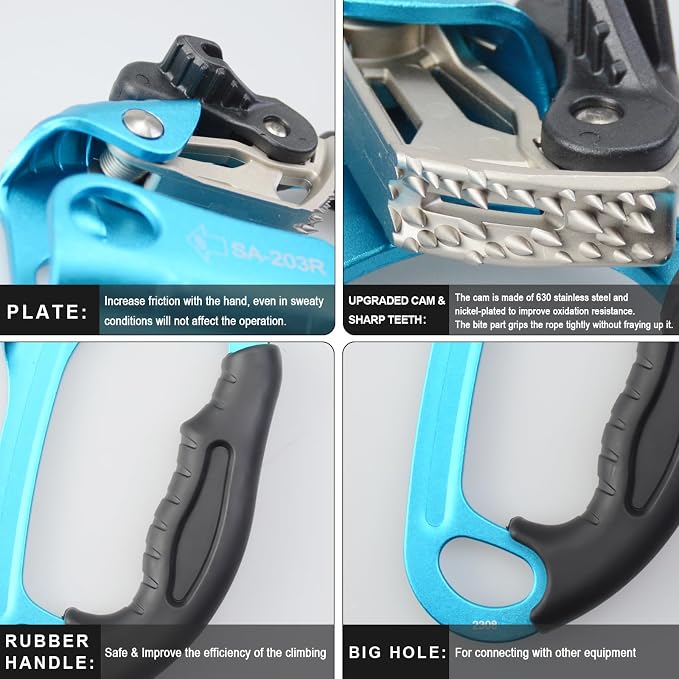 UIAA & CE Certified Climbing Rappelling Equip Hand Ascender Left Right Hand for 8-13mm Rope 4kN