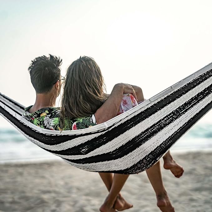Lazy Daze Hammocks Handwoven XL Mayan Hammock, 10.5 FT Soft Rope Double Hammocks, Portable Outdoor Hammock with Carry Bag, 2 Straps & Carabiners for Patio Outside, 550 lbs Weight Capacity, Black/White