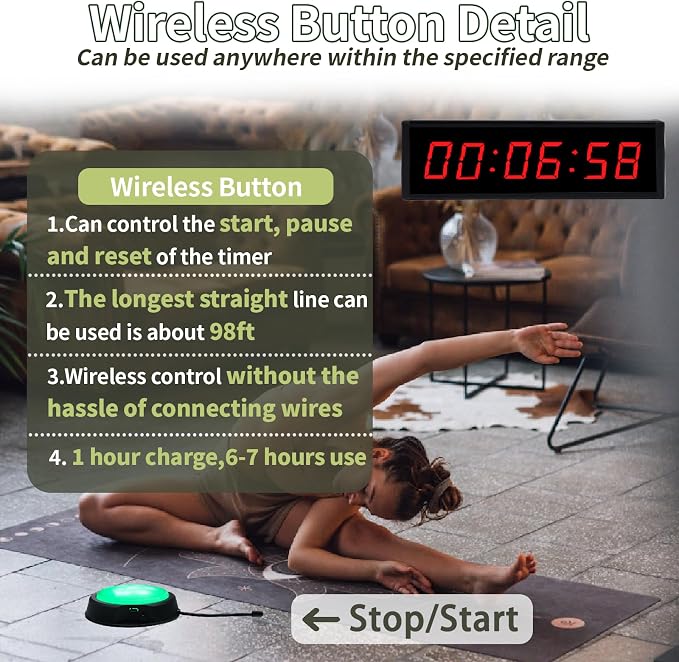 Digital Gym Timer Clock with Wireless Start/Stop Button, Workout Clock with Remote Control, Wall Clock for Home Gym with Interval Timer, Stopwatch, Count Up/Down