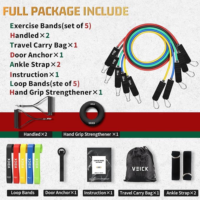 VEICK Resistance Bands Set, 10-150 LBS Stackable Exercise Bands with Handles, Ankle Straps & Door Anchor, Workout Bands for Home Gym, Yoga, Pilates, Physical Therapy for Men Women
