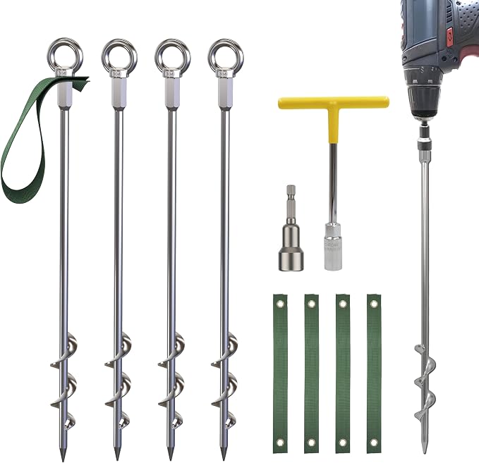 NACETURE 18-Inch Heavy Duty Ground Anchors Screw in, 4 Pack Earth Anchor Kit with Manual & Power Wrench, Tie-Down Straps and Stainless Steel Eye Bolts for Trampoline, Swing Set, Shed, Tent and Canopy