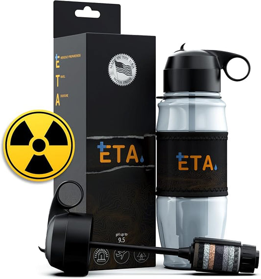 ETA Alkaline Water Filter Bottle for Travel, Camping, Hiking, Backpacking, Emergency, Survival | Removes up to 99.99% of Harmful contaminants, 9.5pH, Protects the Nutrient & Mineral Value, Made in USA