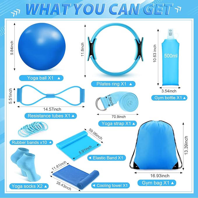 Halloscume 24 Pcs Pilates Kit, Home Pilate Equipment for Women, Pilates Ring and Ball Set with Stretching Strap, Water Bottle, Magic Circle, Yoga Ring, Gym Bag, Resistance Band, Anti Slip Sock