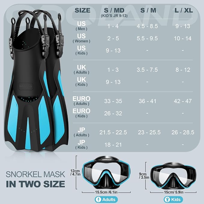 Odoland Snorkel Set, Adults Snorkeling Packages with Dry Top Diving Mask, Adjustable Swim Fins, Mesh Bag, Anti-Fog Anti-Leak Snorkeling Gear for Men Women