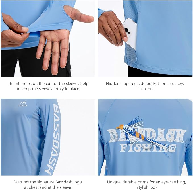 BASSDASH Men’s UPF 50+ Graphic Fishing Hoodie Shirts with Mask Pocket UV Long Sleeve Moisture Wicking FS47M