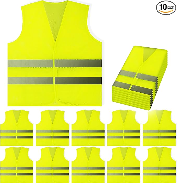 PeerBasics Safety Vests 10 Pack - Yellow Reflective High Visibility, Hi Vis Silver Strip, Men Women, Work, Cycling, Runner, Surveyor, Volunteer, Crossing Guard, Road, Construction, Neon (Mesh, 10)