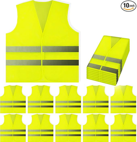 PeerBasics Safety Vests 10 Pack - Yellow Reflective High Visibility, Hi Vis Silver Strip, Men Women, Work, Cycling, Runner, Surveyor, Volunteer, Crossing Guard, Road, Construction, Neon (Mesh, 10)