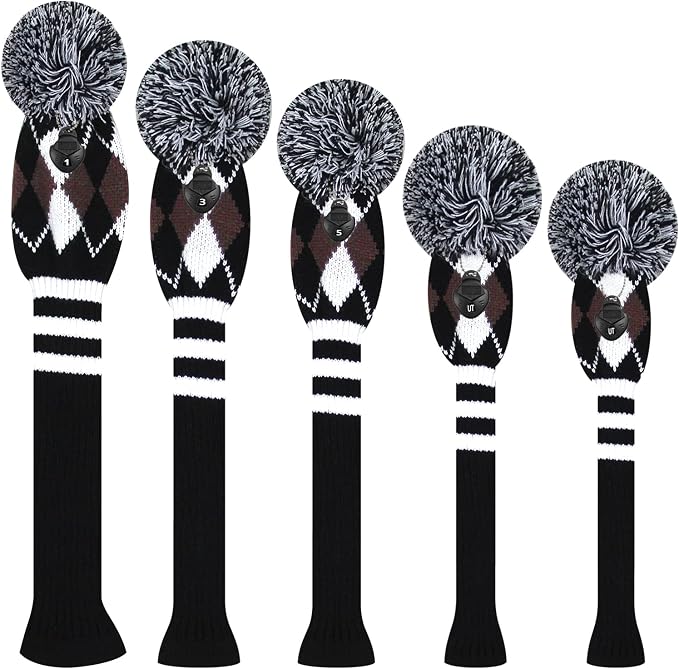 Scott Edward Knit Golf Club Cover with a Pom Set of 5 Head Covers Protect Driver Wood(460cc) 1 Fairway Wood2 and Hybrid/UT2 with Rotating Club Number Tags