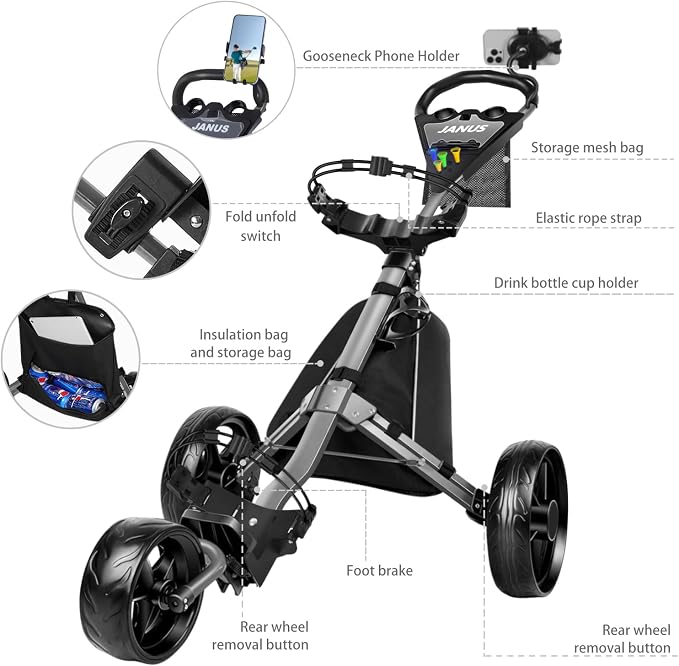 JANUS Pace Golf Push Cart with Integrated Gooseneck Viewing System, 3-Wheel Foldable Golf Cart with One-Click Folding System, EVA Wheels, Foot Brake, Cooler Bag & Golf Bag Support System
