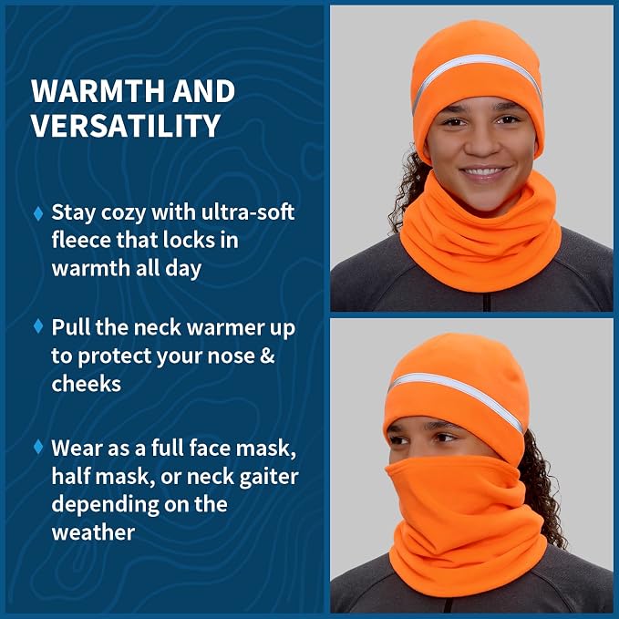 Hunter Orange Winter Running Set: Reflective Beanie + Micro-Fleece Neck Gaiter