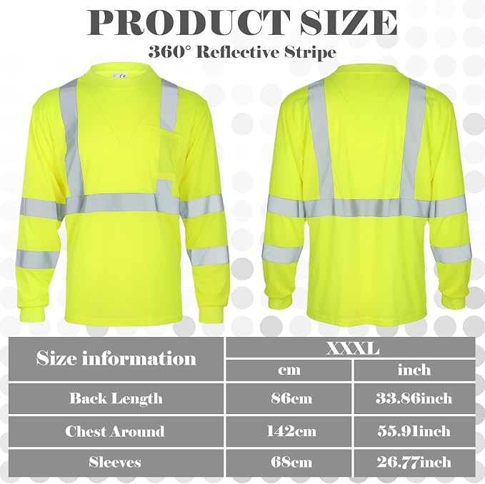 Amylove 4 Pcs Long Sleeve Safety Shirt High Visibility Reflective Construction Work Shirts for Men Women(XXXL,Yellow)