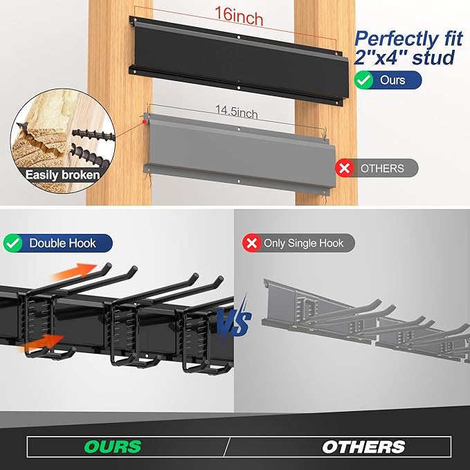 Sttoraboks Garage Tool Storage Rack, Heavy Duty Garage Storage Organizer Rack System Wall Mounted Tool with 6 double hooks, 2 rails, Garden Yard Tools Hanger Rack for Ski Gears, Broom, Rake,Shovel