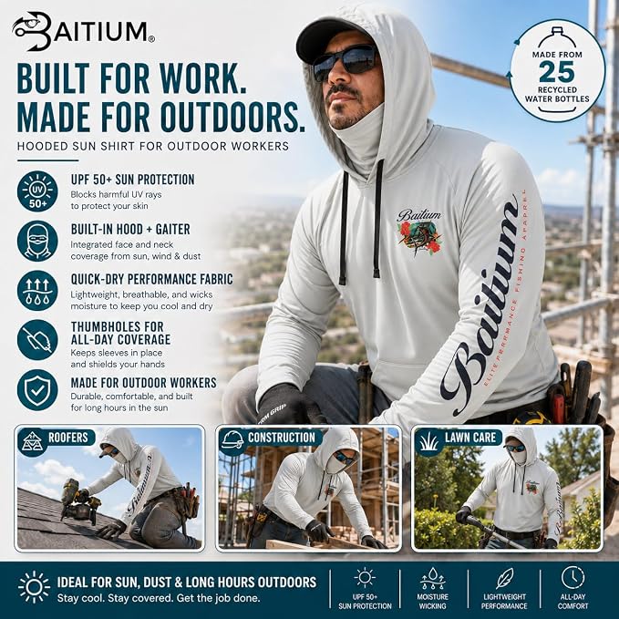 Fishing Shirts for Men,UPF50 Hooded Long Sleeve with Gaiter, Sun Protection Dry Fit Apparel, Face Mask, Fishing Clothes